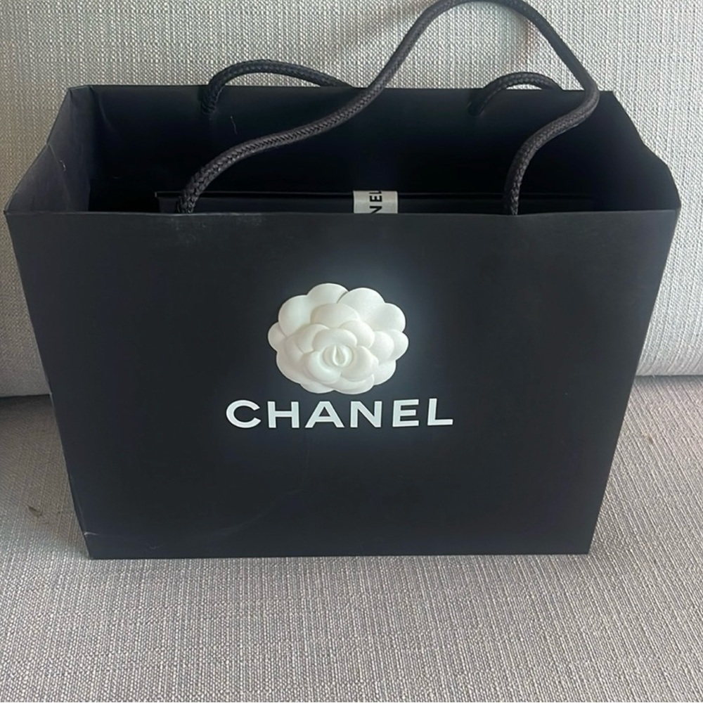 CHANEL BLACK FABRIC BAG & PAPER SHOPPING BAG, SIZE LARGE